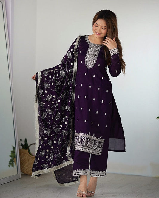Purple Color Rangoli Silk Three Piece Kurti Suit