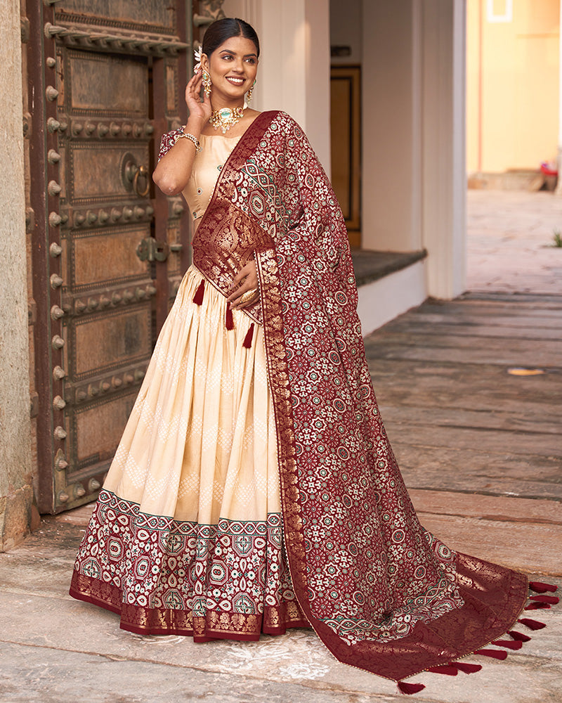 Designer Off White Color Ajarakh Print Silk Lehenga Choli