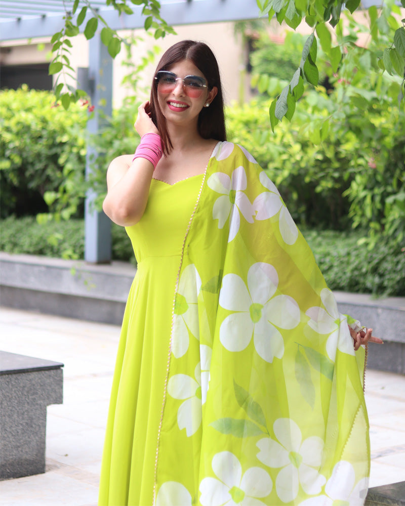 Neon Color Soft Georgette Anarkali Gown With Floral Printed Dupatta