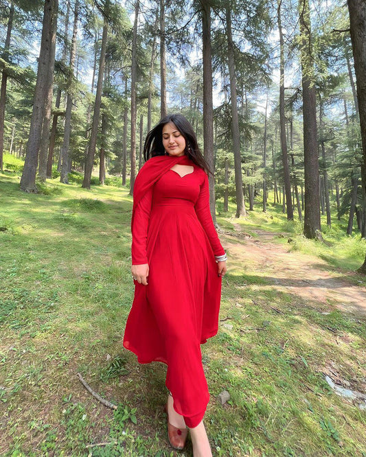 Jyoti Thakur Designer Back String Style Red Colour Three Piece Anarkali Suit