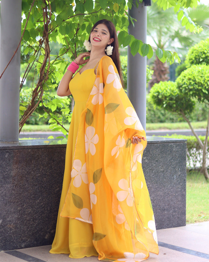 Mustard Yellow Color Soft Georgette Anarkali Gown With Floral Printed Dupatta