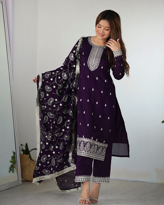 Purple Color Rangoli Silk Three Piece Kurti Suit