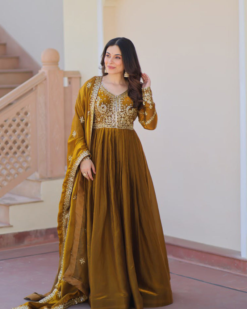 Mehndi Color Fendi Embroidered Gown
