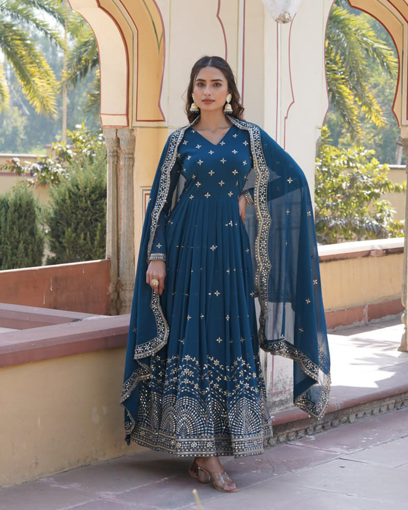 Rama Color Full Flair Anarkali Gown With Embroidered Dupatta