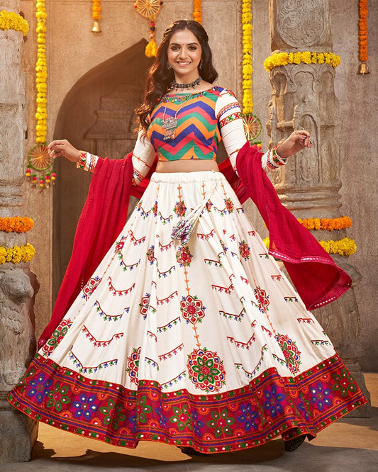 Pearl white Color Viscose Rayon Thread With Mirror Work Navratri Lehenga Choli