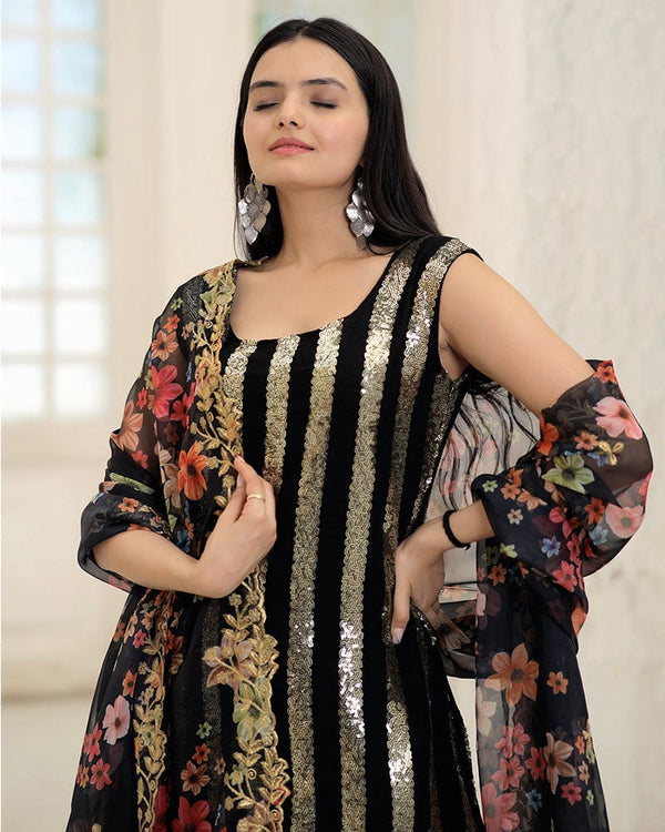 Black Color Designer Three Piece Sharara Suit