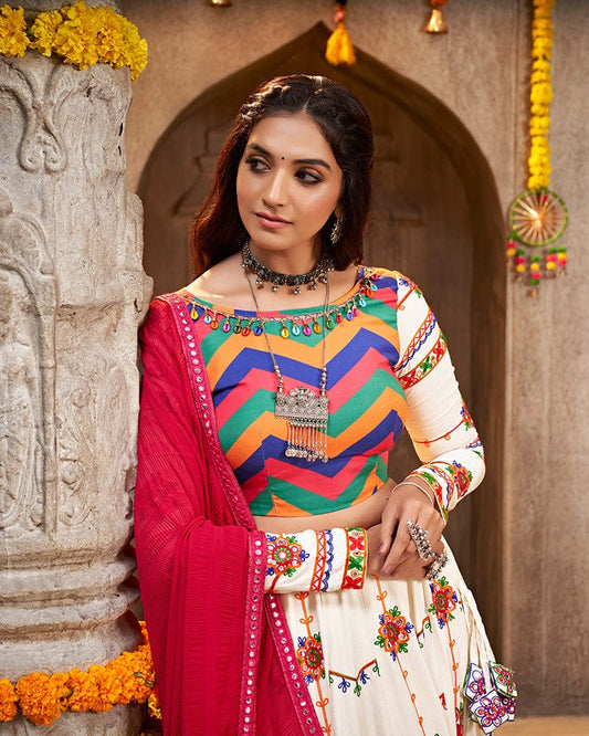 Pearl white Color Viscose Rayon Thread With Mirror Work Navratri Lehenga Choli