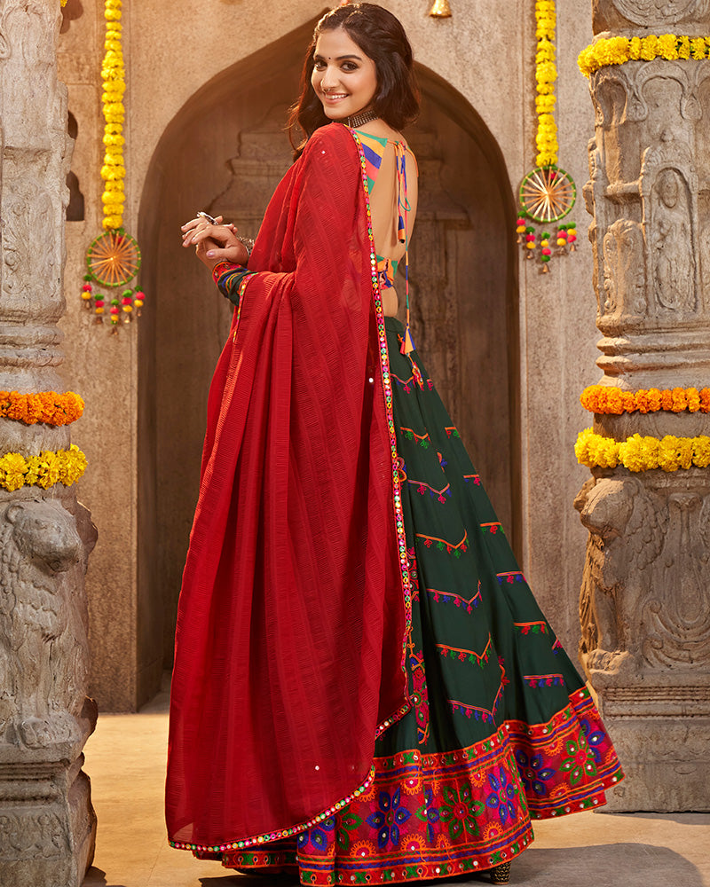 Green Color Viscose Rayon Thread With Mirror Work Navratri Lehenga Choli