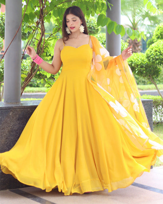 Mustard Yellow Color Soft Georgette Anarkali Gown With Floral Printed Dupatta