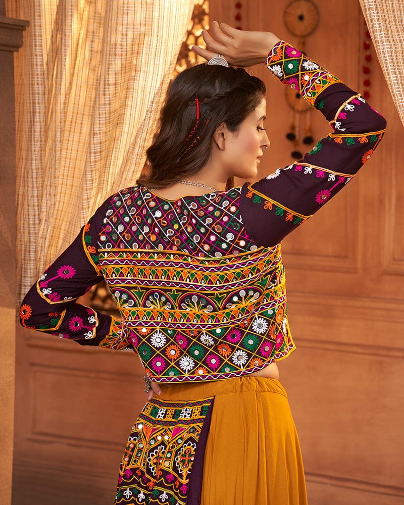 Mustard Yellow Color Viscose Rayon Threaded Fully Stitched Navratri Lehenga Choli