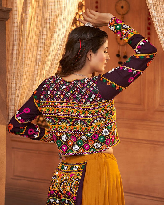 Mustard Yellow Color Viscose Rayon Threaded Fully Stitched Navratri Lehenga Choli