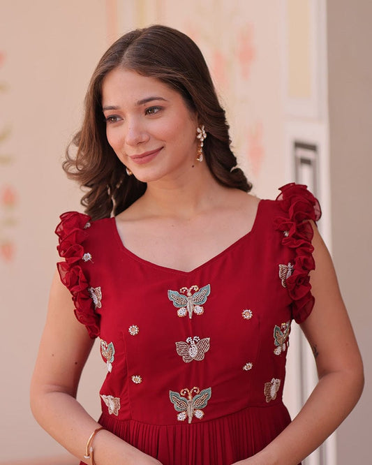 Red Color Faux Blooming Embroidered work Gown