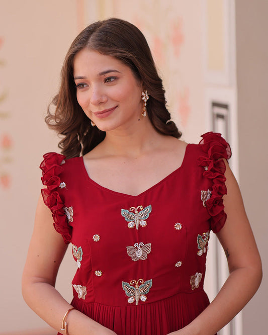 Red Color Faux Blooming Embroidered work Gown