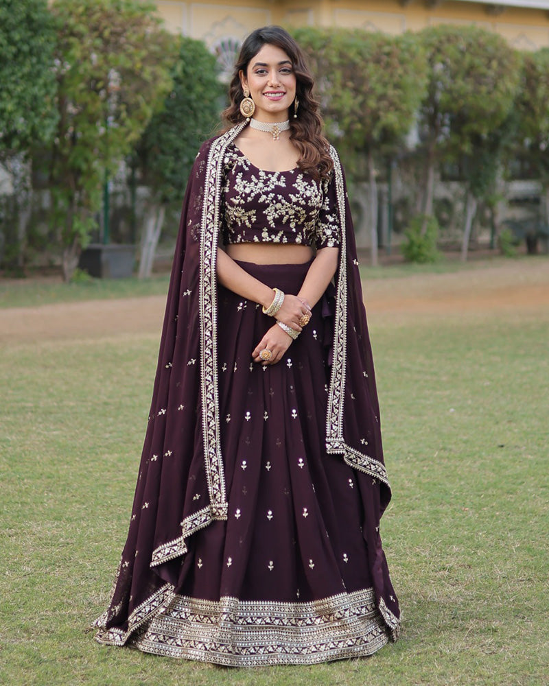 Wedding Wear Dark Wine Color Designer Blooming Lehenga Choli