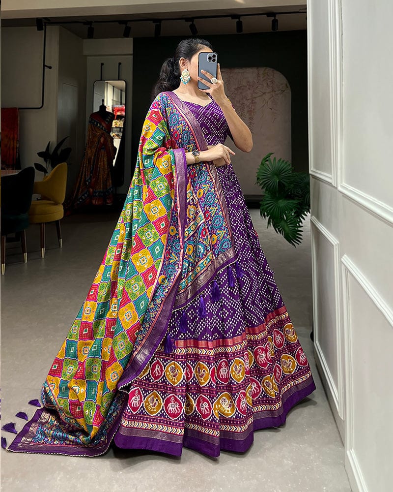 Purple Color Tussar Silk Bandhej And Patola Printed Navratri Lehenga Choli