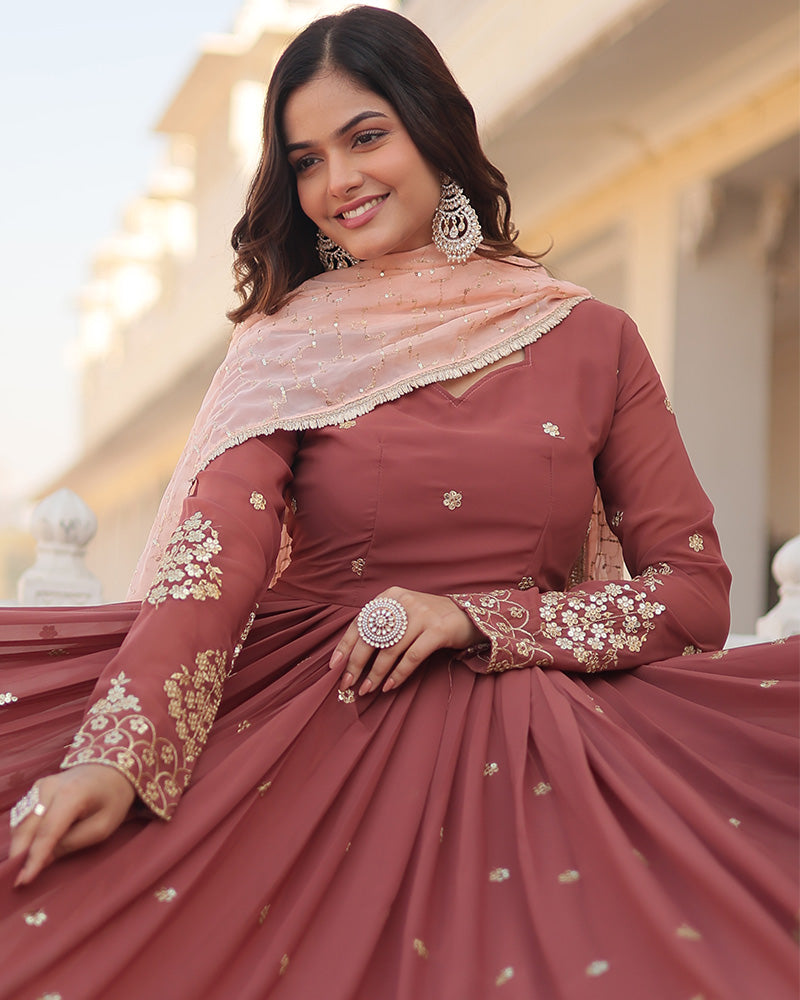 Chocolate Color Full Floor Length Anarkali Gown With Sequence Embroidery Dupatta