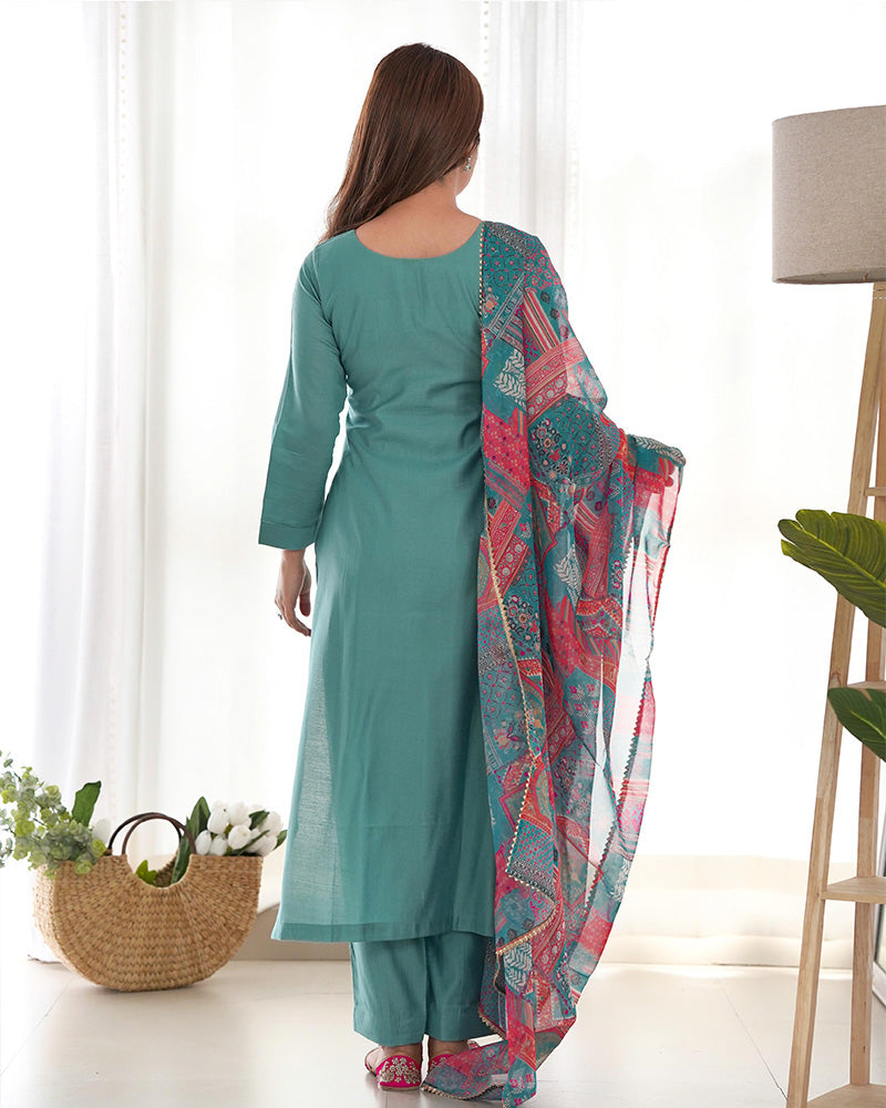 Sea Green Color Viscose Ready To wear Three Piece Kurti Suit