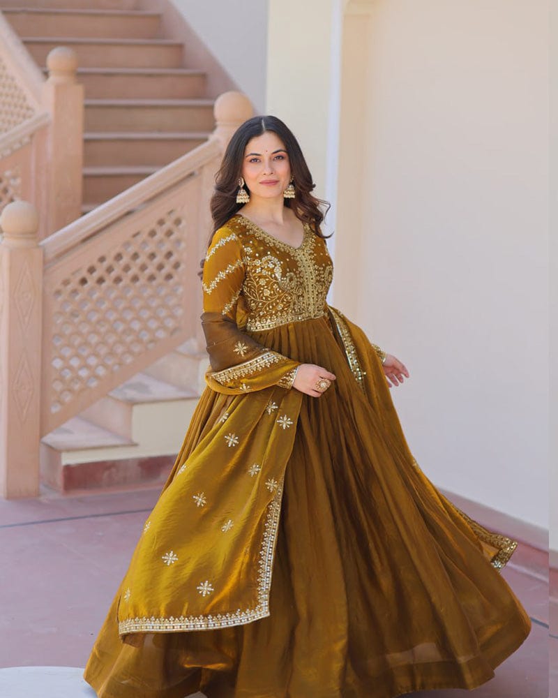 Mehndi Color Fendi Embroidered Gown