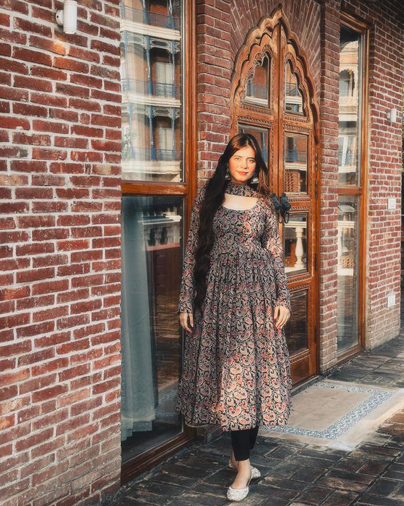 Kajal & Shilpa Chaudhary Sister Black Colour Anarkali Three Piece Suit