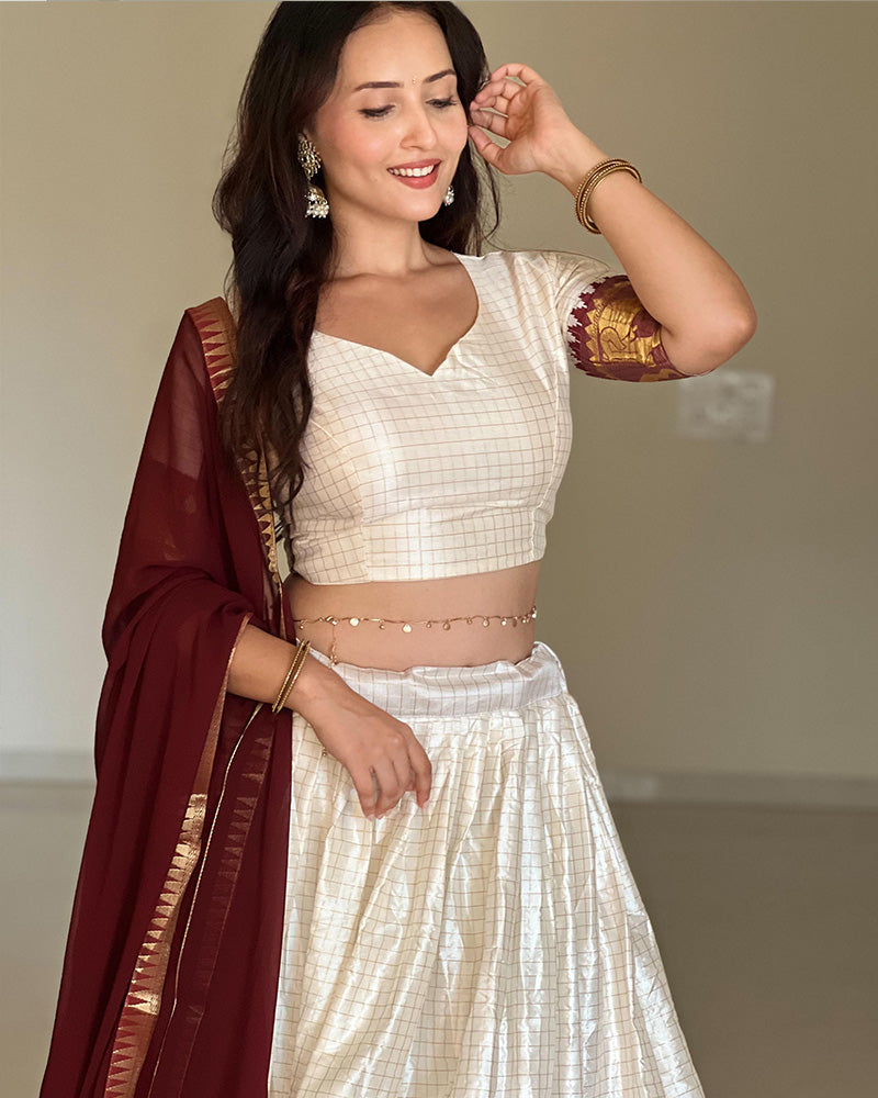White And Maroon Color Poly Cotton Chex Navratri Lehenga Choli