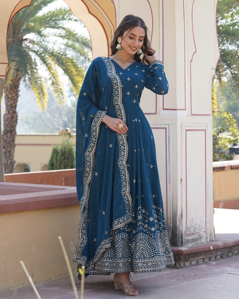 Rama Color Full Flair Anarkali Gown With Embroidered Dupatta