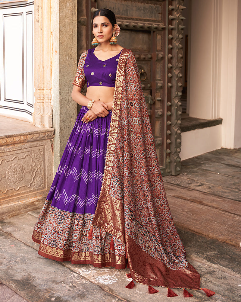 Designer Purple Color Ajarakh Print Silk Lehenga Choli