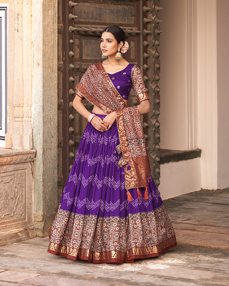 Designer Purple Color Ajarakh Print Silk Lehenga Choli
