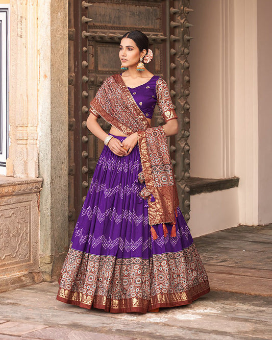 Designer Purple Color Ajarakh Print Silk Lehenga Choli