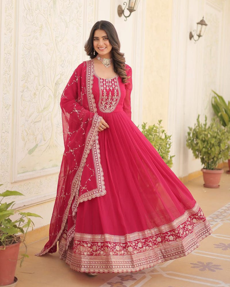 Pink Color Faux Blooming Rich Sequence Embroidered Gown