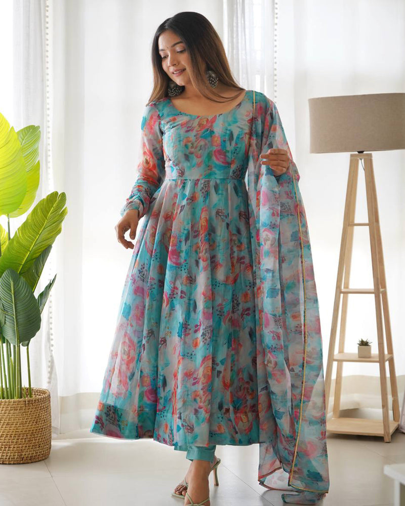 Sky Blue Multi Color Print Organza Three Piece Anarkali Suit