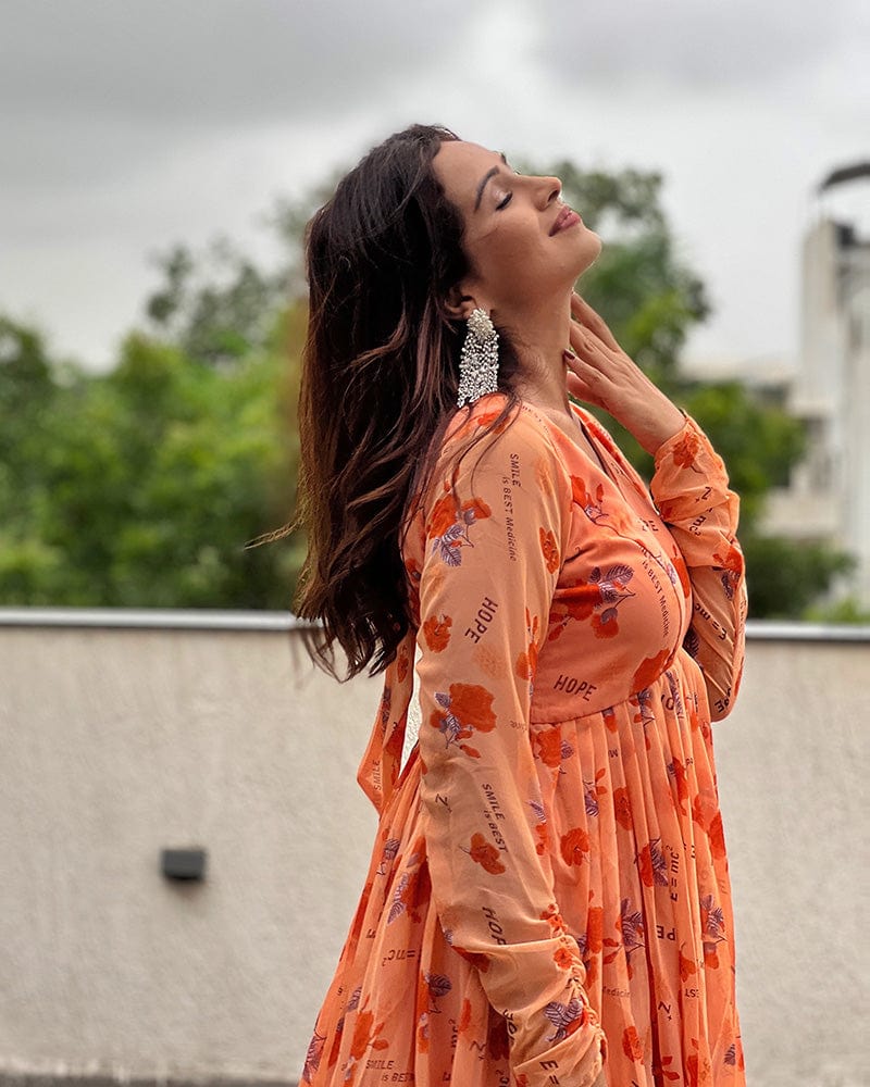 Orange Color Georgette Floral Printed Tunic