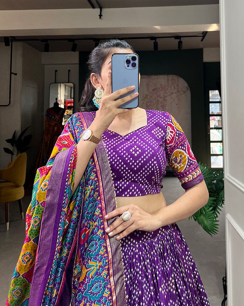 Purple Color Tussar Silk Bandhej And Patola Printed Navratri Lehenga Choli