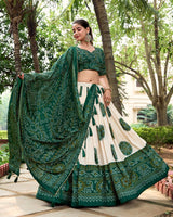 Green Color Tussar Silk Bandhej Printed Lehenga Choli