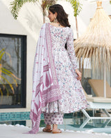 White Color Printed Soft Cotton Three Piece Anarkali Suit