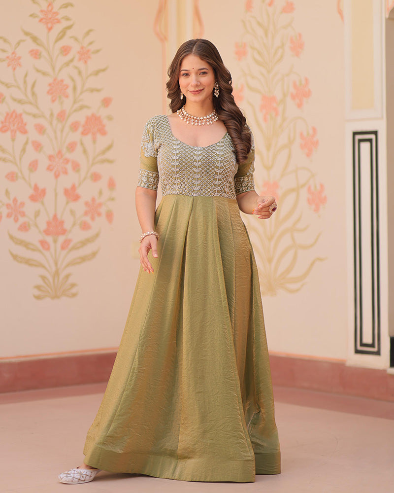 Mehndi Color Fendi Embroidered work Gown