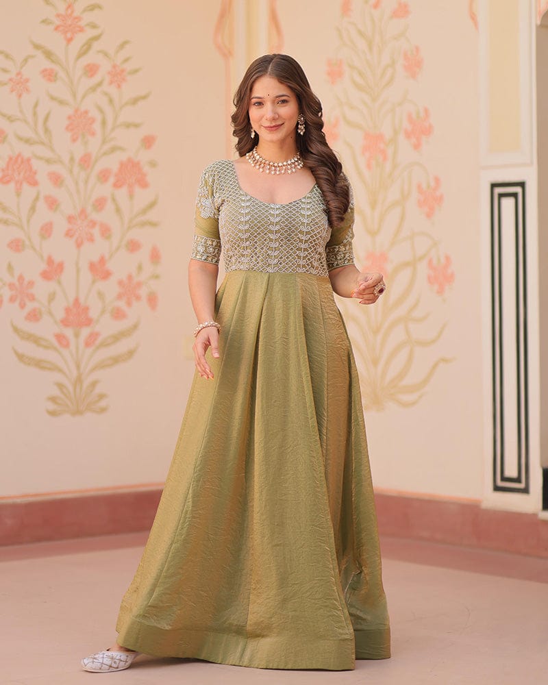 Mehndi Color Fendi Embroidered work Gown