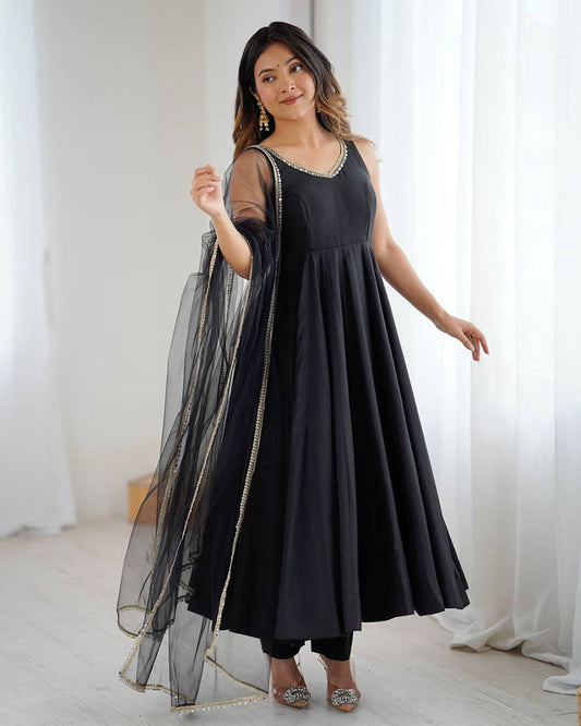 Elegant Black Chanderi Pure Roman Silk Anarkali Suit with Dupatta & Pants