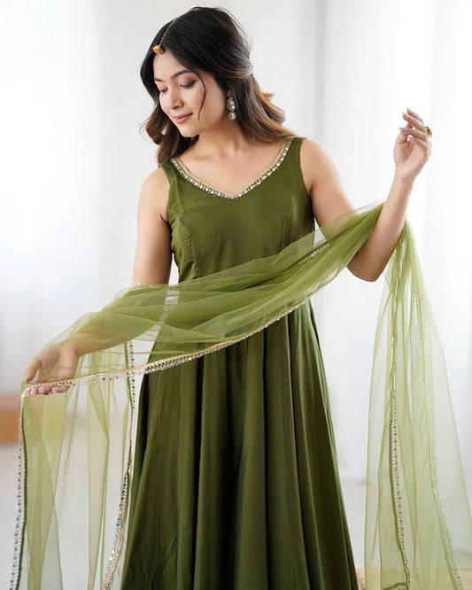 Graceful Olive Green Roman Silk Anarkali Suit Set with Dupatta & Pants