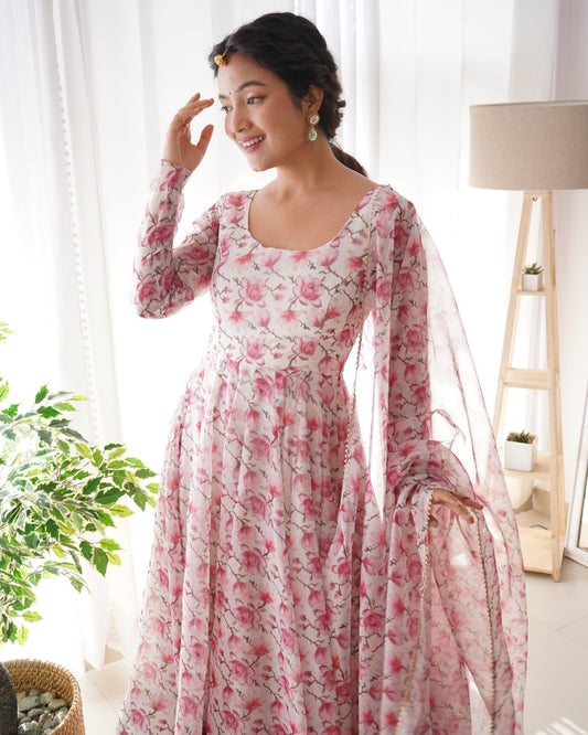 Floral Rose Print White Colour Organza Three Piece Anarkali Suit