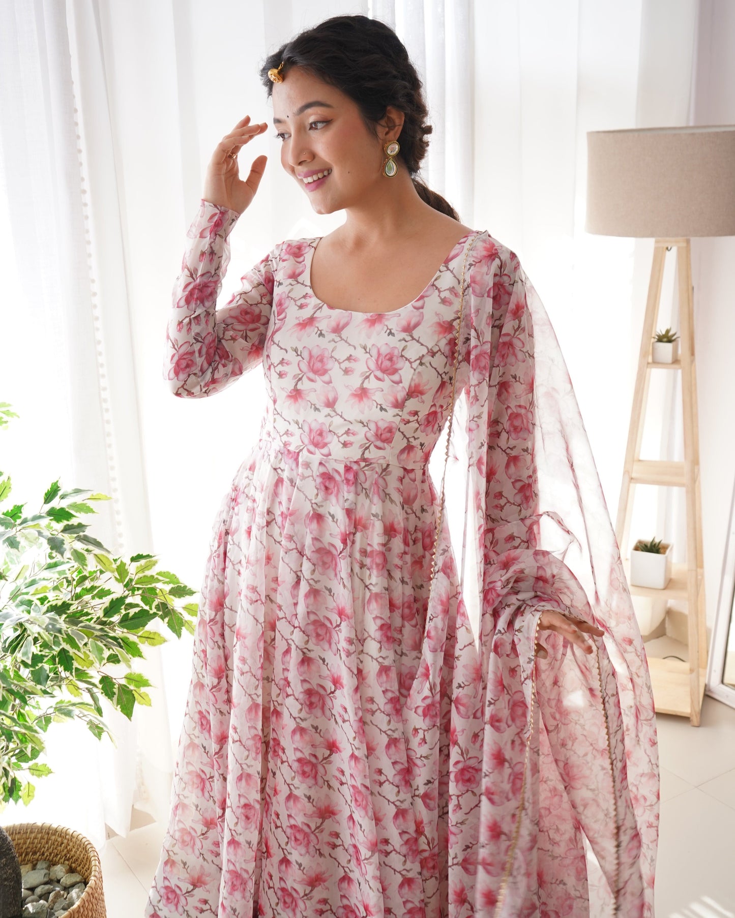 Floral Rose Print White Colour Organza Three Piece Anarkali Suit