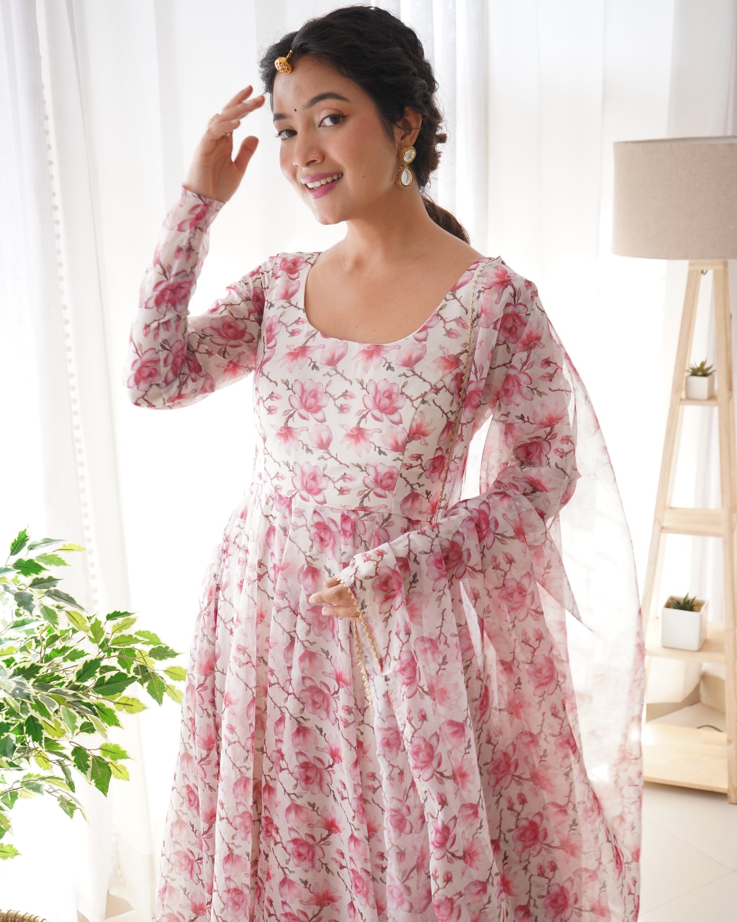 Floral Rose Print White Colour Organza Three Piece Anarkali Suit