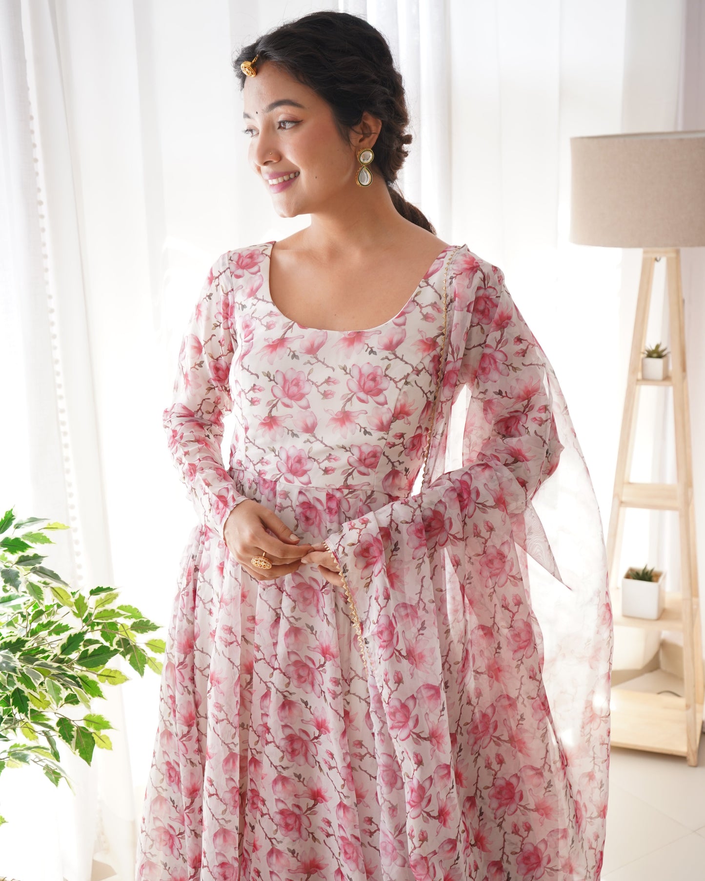 Floral Rose Print White Colour Organza Three Piece Anarkali Suit