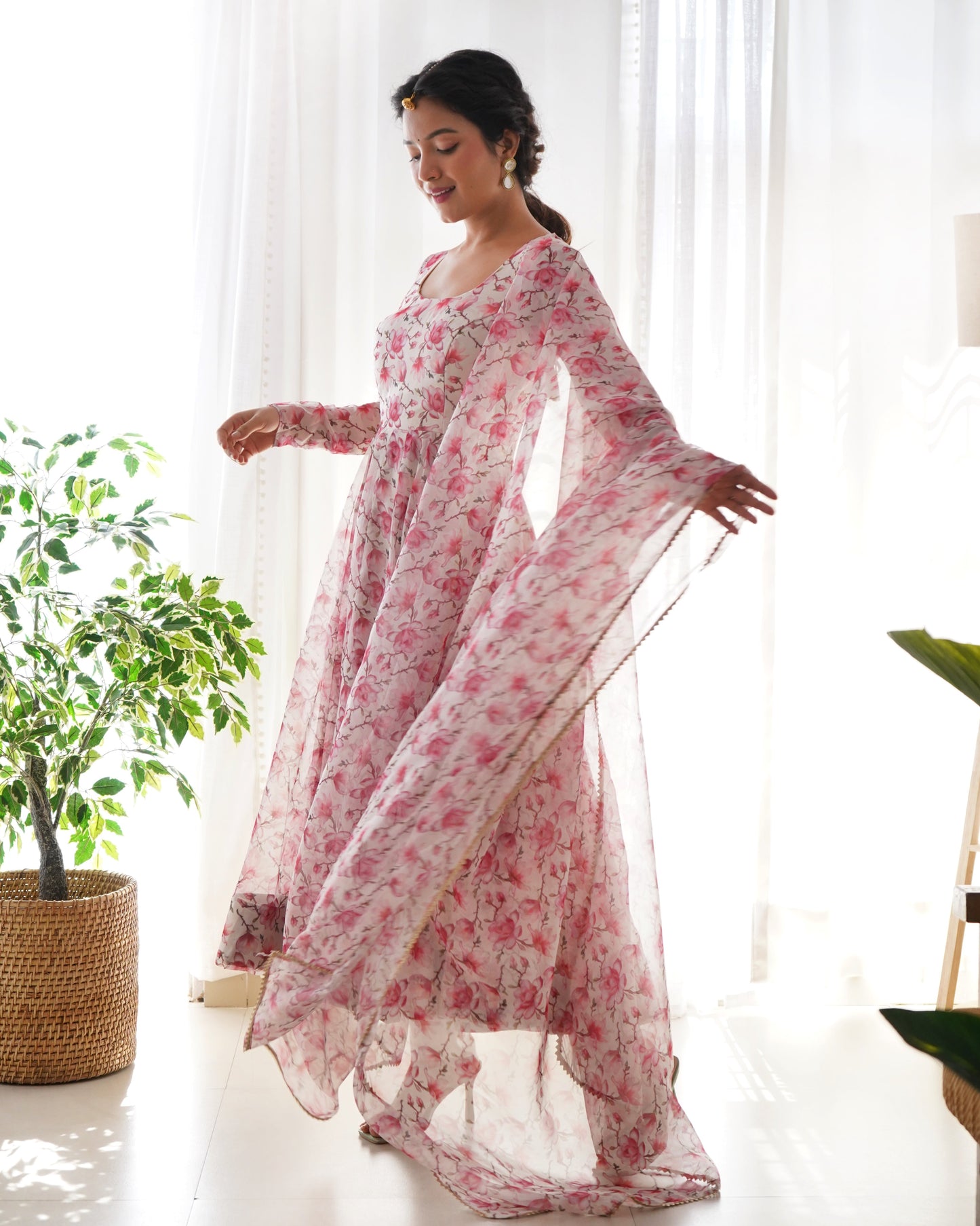 Floral Rose Print White Colour Organza Three Piece Anarkali Suit