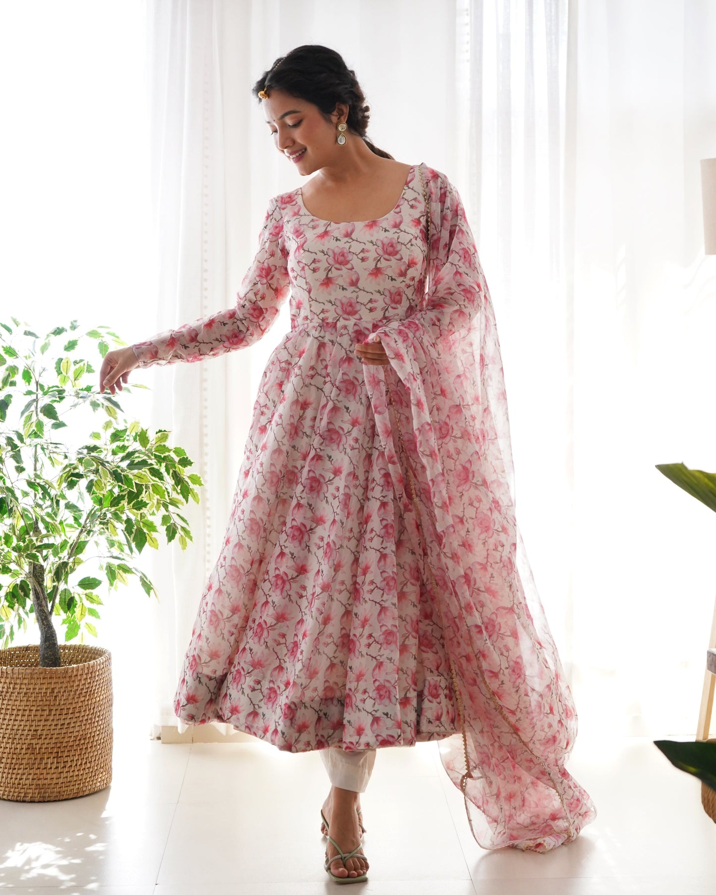 Floral Rose Print White Colour Organza Three Piece Anarkali Suit