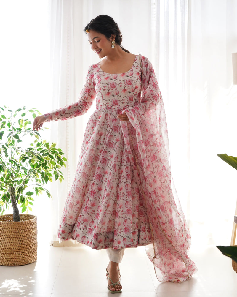 Floral Rose Print White Colour Organza Three Piece Anarkali Suit