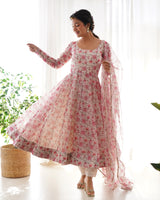 Floral Rose Print White Colour Organza Three Piece Anarkali Suit