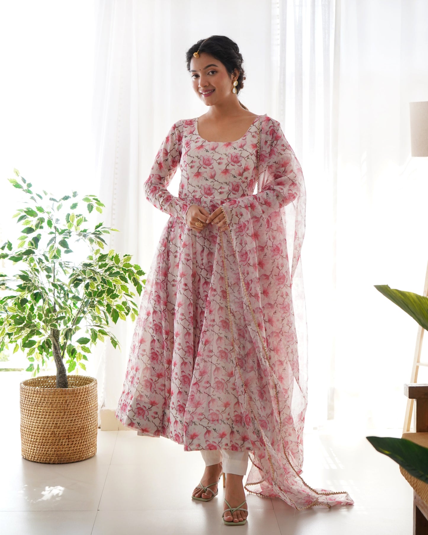 Floral Rose Print White Colour Organza Three Piece Anarkali Suit