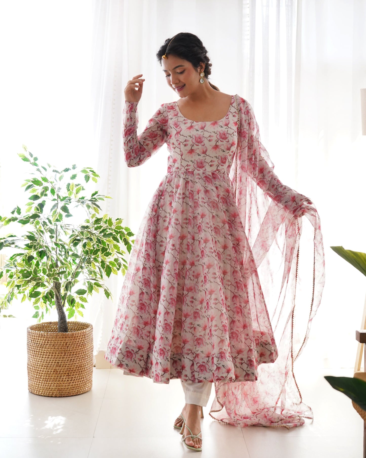 Floral Rose Print White Colour Organza Three Piece Anarkali Suit