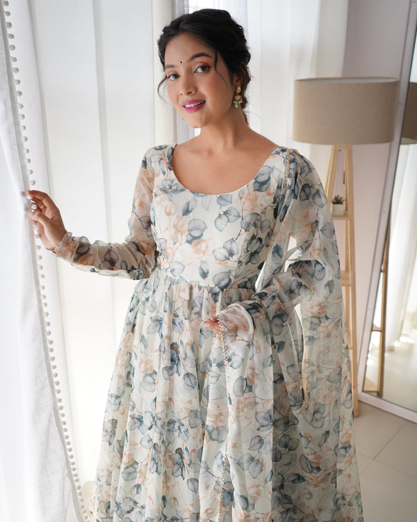 Paan Print White Colour Organza Three Piece Anarkali Suit