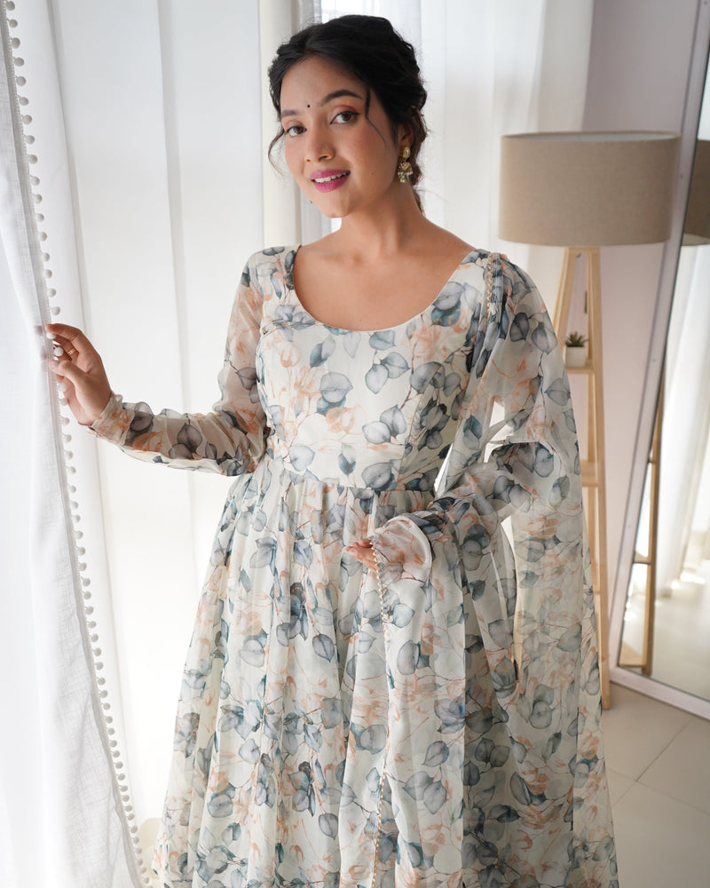 Paan Print White Colour Organza Three Piece Anarkali Suit